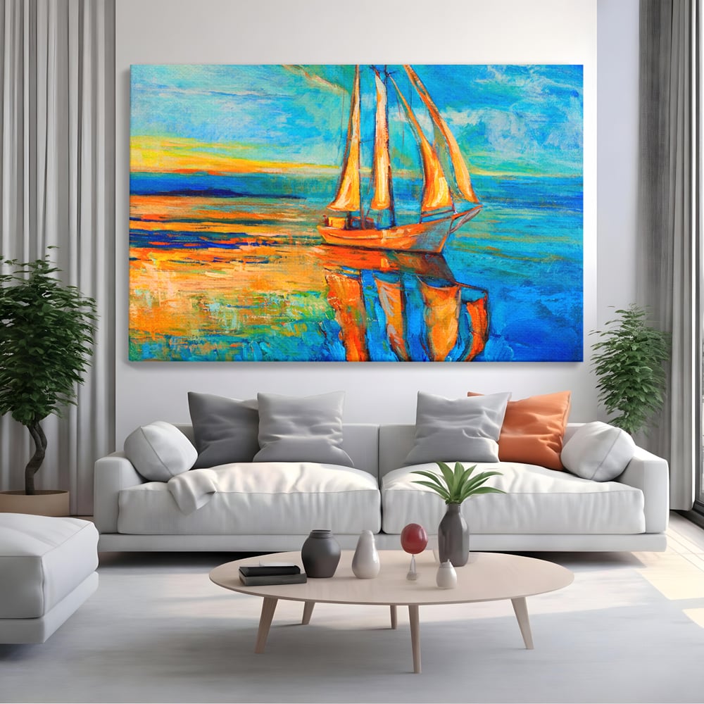Tablou canvas cu tablou canvas cu barca cu panze pe marea portocalie, fara rama, pe sasiu de lemn, pe perete intr-un living